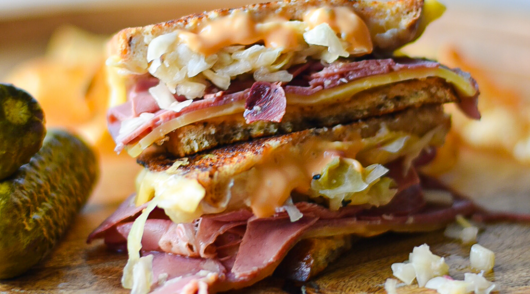 shows finished reuben sandwich with All-American Sandwich Spread